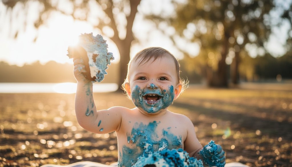 An 'epic moment' photograph of a joyous baby at their Yarrawonga Victoria First Birthday Cake Smash Photoshoot, covered in cake, laughing exuberantly amidst a beautifully decorated outdoor setting near Lake Mulwala, with golden hour sunlight highlighting the joyful chaos and creating a magical, cinematic glow.