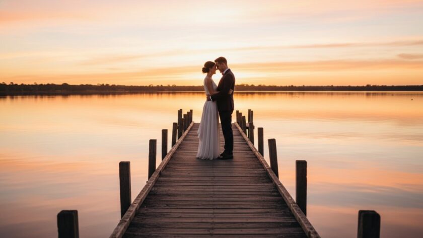 A couple embraces passionately on a Yarrawonga waterfront pier at sunset, with golden light reflecting off Lake Mulwala, capturing their Yarrawonga waterfront wedding photography memories in an epic, cinematic style.