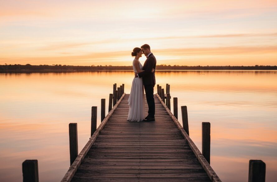 A couple embraces passionately on a Yarrawonga waterfront pier at sunset, with golden light reflecting off Lake Mulwala, capturing their Yarrawonga waterfront wedding photography memories in an epic, cinematic style.