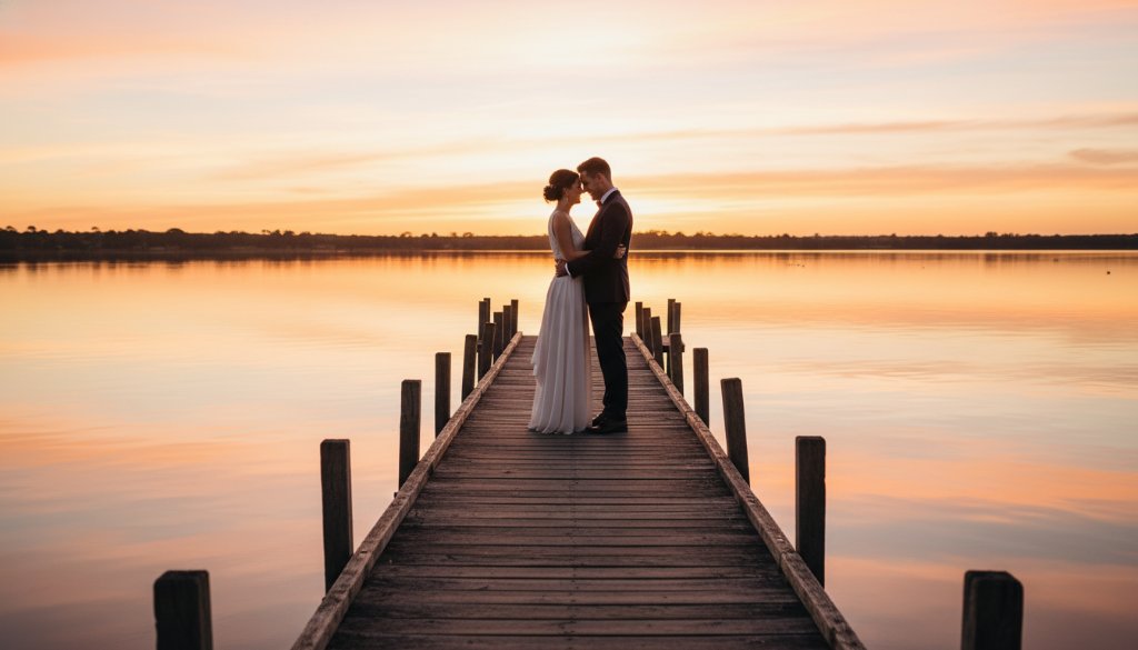 A couple embraces passionately on a Yarrawonga waterfront pier at sunset, with golden light reflecting off Lake Mulwala, capturing their Yarrawonga waterfront wedding photography memories in an epic, cinematic style.